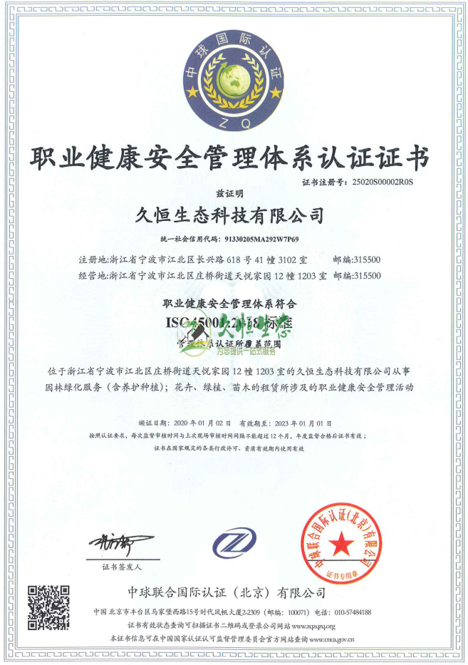 北仑职业健康安全管理体系ISO45001证书